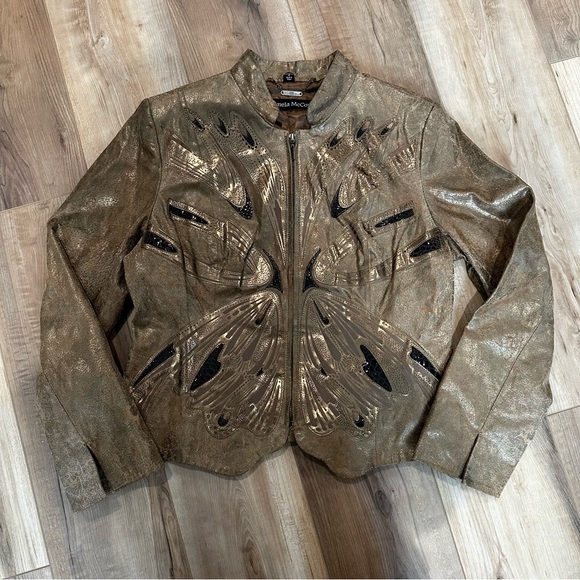 Pamela McCoy Leather Gold Butterfly Fall Jacket M - Picture 4 of 12